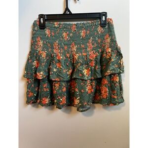 Aerie Green Floral‎ Ruffle Smocked Waist Mini Skirt M NWOT